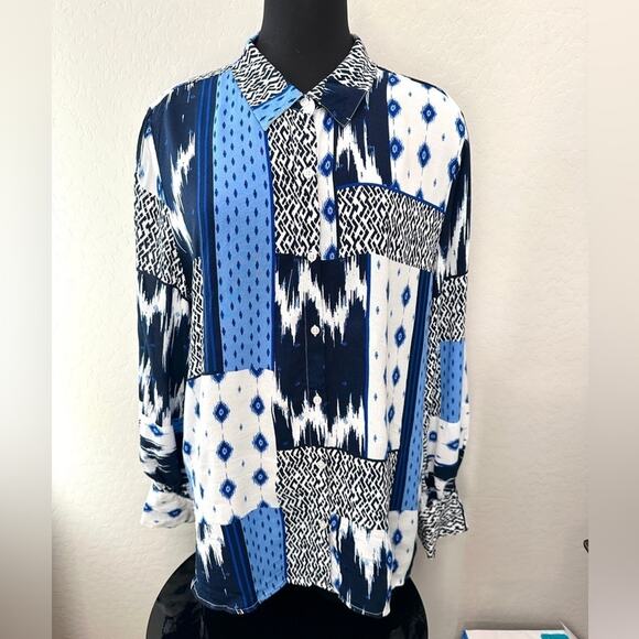 ELLA RAFAELLA | Blue Patchwork Button-Up Shirt Lenzing Ecovero Viscose | XXL - Picture 3 of 7